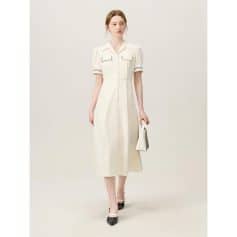 Chic white shirt dress with button-down front, short sleeves, and classic collar, ideal for women's fashion and office wear.