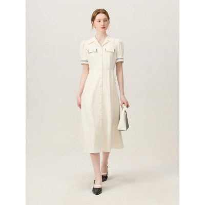 Chic white shirt dress with button-down front, short sleeves, and classic collar, ideal for women's fashion and office wear.