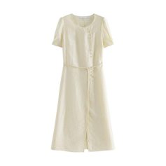 Cream-colored women's dress, featuring a silky texture, short sleeves, and a flowy design perfect for fashion-forward ensembles.