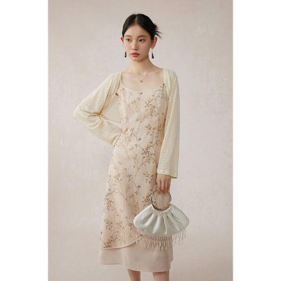 Stylish floral dress paired with a light cardigan, perfect for women seeking trendy and comfortable outfits. Shop now at Monalisa Store for fashionable women's clothing and accessories.