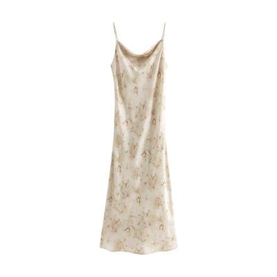 Satin floral-print dress hanging on a white background, perfect for summer outings and casual events, featuring a sleek design with thin straps for a comfortable fit.