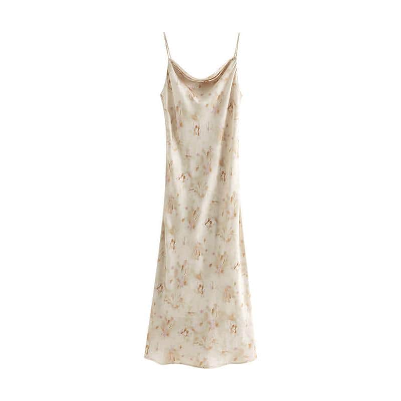 Satin floral-print dress hanging on a white background, perfect for summer outings and casual events, featuring a sleek design with thin straps for a comfortable fit.