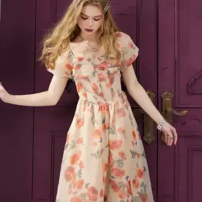High-quality floral dress with pastel colors, perfect for elegant occasions, summer events, or casual outings, offering stylish comfort and modern design.