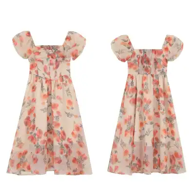 Beautiful peach and gray floral print maxi dress with puffed sleeves, perfect for summer and special occasions. Available at Monalisa Store for stylish women's fashion and comfortable fit.