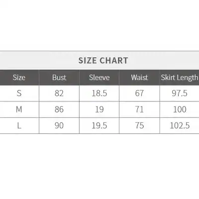 Optimum fit with detailed size measurements for bust, sleeve, waist, and skirt length at Monalisa Store's online collection.