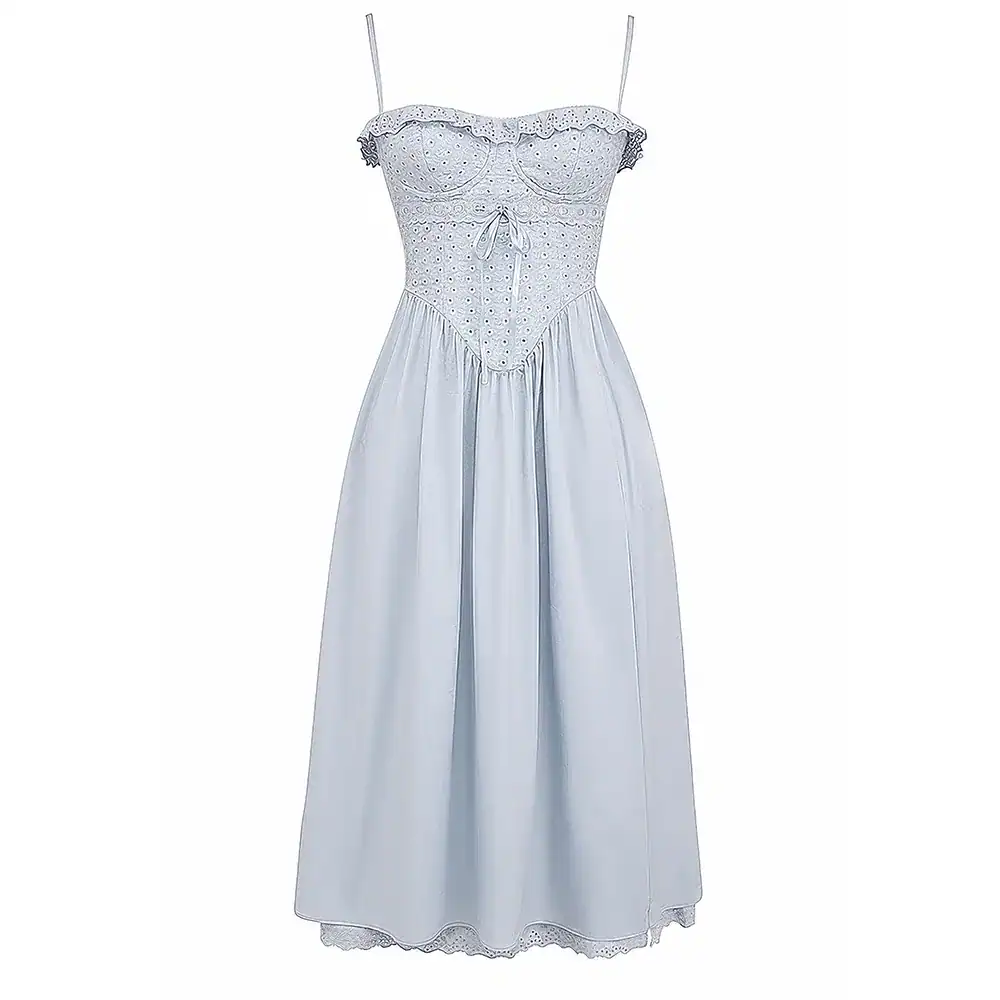 Beautiful white dress featuring lace and eyelet design, perfect for special occasions and events. Crafted with delicate fabric and stylish design for a timeless, elegant look.