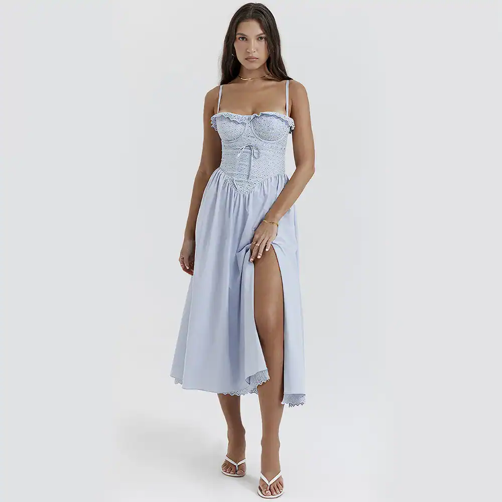 Elegant fashion dress with slit and embroidery, perfect for trendy summer wear.