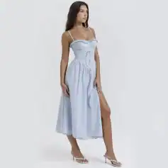 Stylish summer dress with lace bodice, adjustable straps, and flowing skirt, perfect for warm weather. Shop trendy and comfortable women's fashion at Monalisa Store.