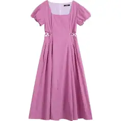Pink fashionable dress with puff sleeves, side cutouts, and pleated skirt for stylish occasions. Perfect for summer wardrobe and special events.