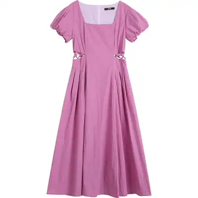 Pink fashionable dress with puff sleeves, side cutouts, and pleated skirt for stylish occasions. Perfect for summer wardrobe and special events.
