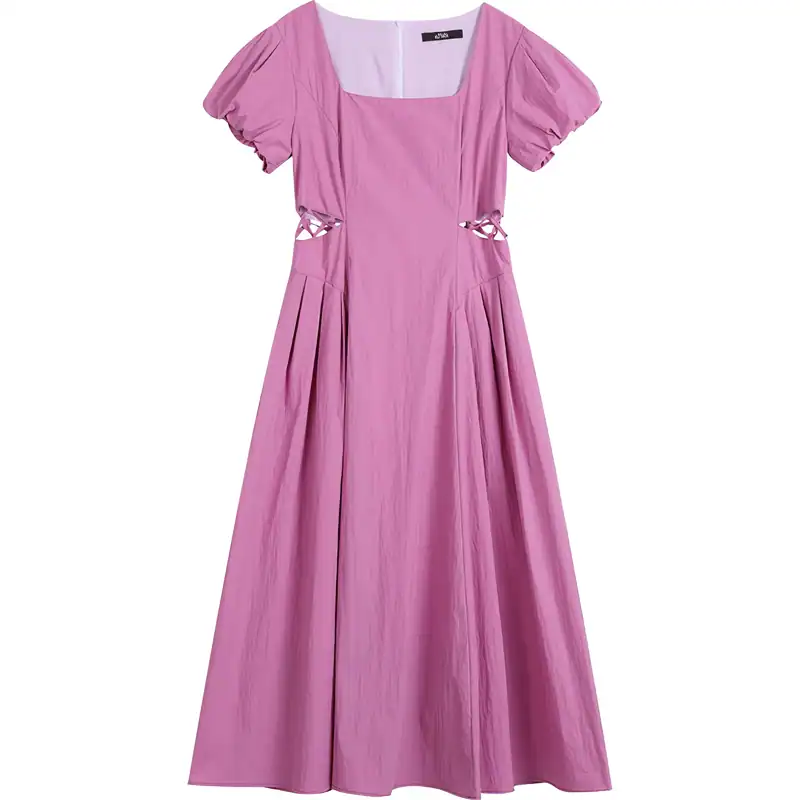 Pink fashionable dress with puff sleeves, side cutouts, and pleated skirt for stylish occasions. Perfect for summer wardrobe and special events.