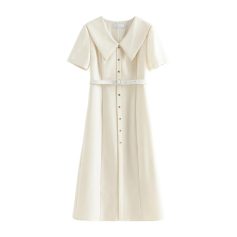A stylish vintage-inspired white dress featuring a large collar, short sleeves, and a belt, perfect for a sophisticated look. Ideal for casual or semi-formal occasions.