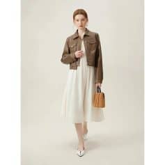 Stylish brown leather jacket for women, perfect for casual and formal wear, adds elegance to your look. Perfect for fall or spring fashion statements.