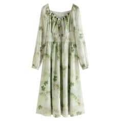 Light green flowy dress featuring a floral pattern, long sleeves, and a tie neckline perfect for warm weather.