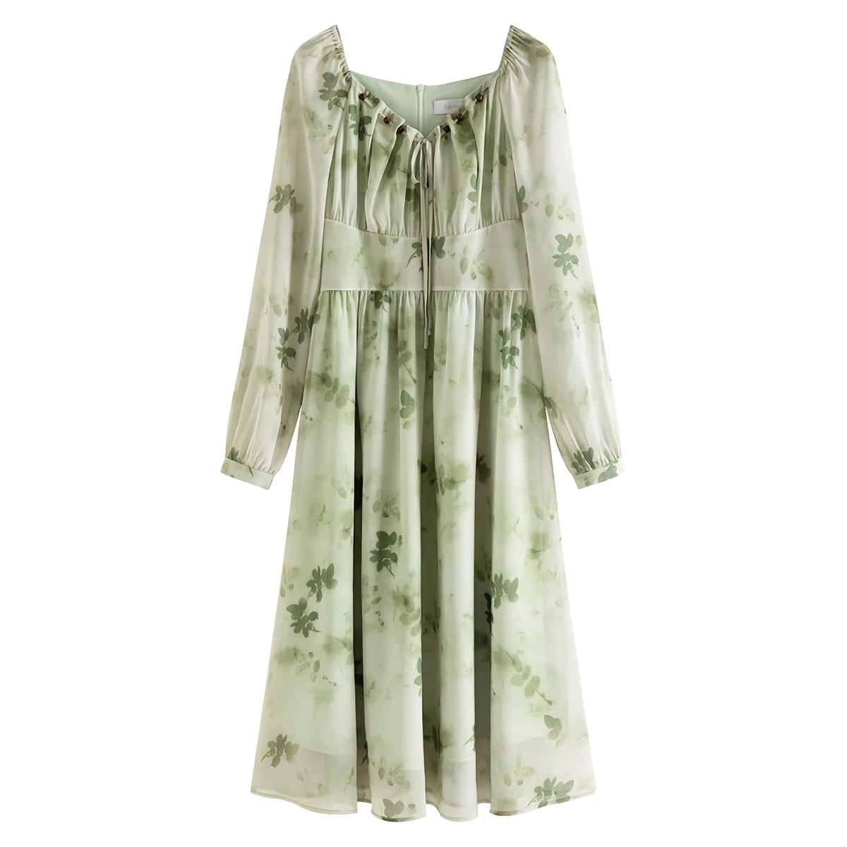 Light green flowy dress featuring a floral pattern, long sleeves, and a tie neckline perfect for warm weather.