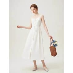 A stylish white sleeveless maxi dress with button details, perfect for summer outings and casual elegance. Featuring a flattering fit and lightweight fabric for comfortable wear.