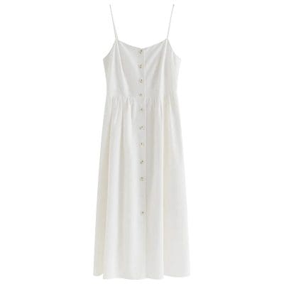 Elegant white maxi dress with thin straps and button-down front, perfect for summer or casual outings. Stylish, comfortable, and suitable for various occasions.