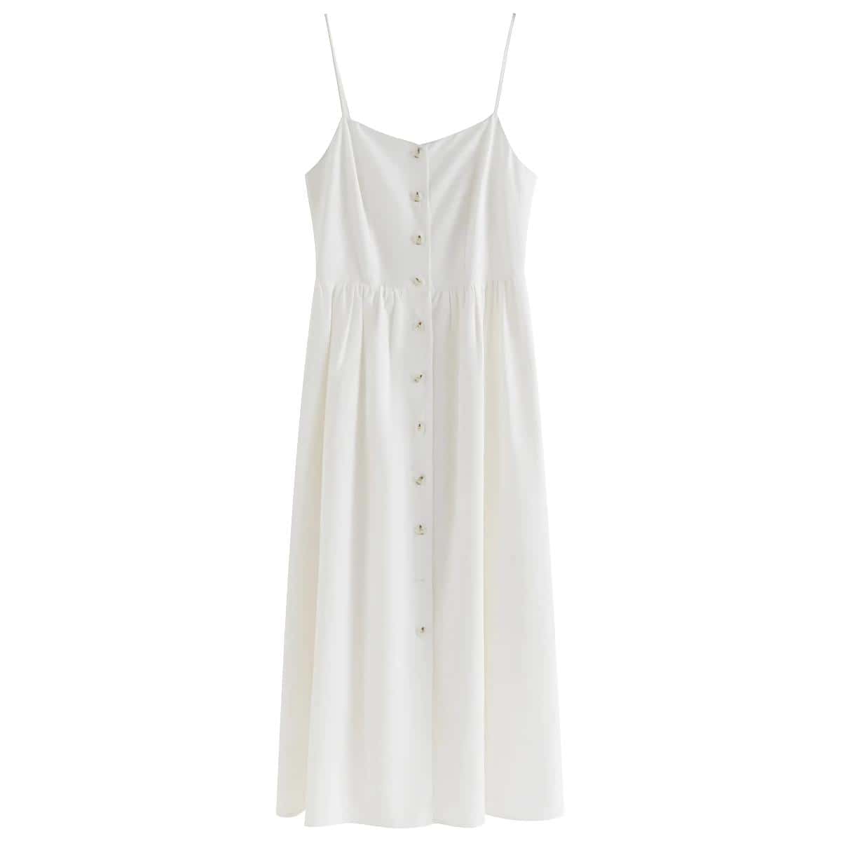 Elegant white maxi dress with thin straps and button-down front, perfect for summer or casual outings. Stylish, comfortable, and suitable for various occasions.