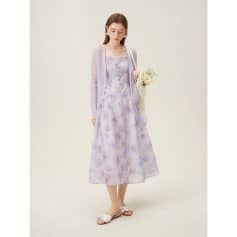 Lavender dress with cardigan, perfect for stylish summer wear, casual outings, and fashionable daily looks. Soft fabric and chic design for a trendy, elegant appearance.