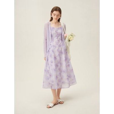 Lavender dress with cardigan, perfect for stylish summer wear, casual outings, and fashionable daily looks. Soft fabric and chic design for a trendy, elegant appearance.