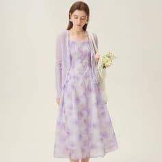Lavender dress with cardigan, perfect for stylish occasions. Shop Monalisa Medical's fashion collection for elegant, comfortable outfits designed for modern women.