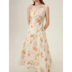Chic floral midi dress for women, featuring a sleeveless design, button detail, and flowing silhouette, perfect for summer outings, parties, and casual events, combining comfort with style.