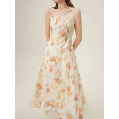Chic floral midi dress for women, featuring a sleeveless design, button detail, and flowing silhouette, perfect for summer outings, parties, and casual events, combining comfort with style.
