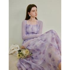Fashionable lavender dress with delicate embroidery, complemented by stylish butterfly earrings and matching jewelry, highlighting trendy women's fashion at Monalisa Medical Store.