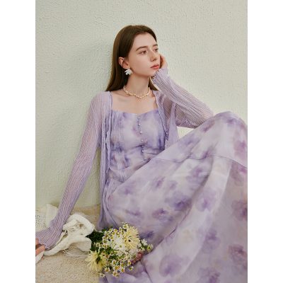 High-quality purple floral dress with matching cardigan, perfect for stylish women, available at Monalisa Store for fashion and accessories.