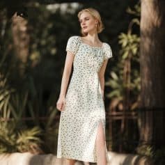 Perfect floral summer dress for women, featuring a flattering slit and flowy fabric. Ideal for outdoor, casual, and daytime events. Makes a chic addition to your wardrobe with comfortable fit and elegant style.