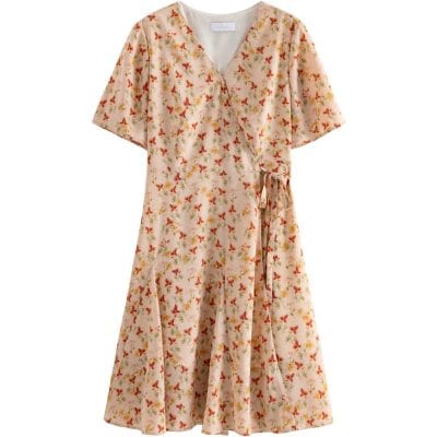 Floral wrap dress with short sleeves, perfect for casual or special occasions, available at Monalisa Store.