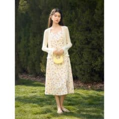 Beautiful floral dress paired with a light cardigan, perfect for stylish summer outings and enhancing your look with comfortable, fashionable women's clothing.