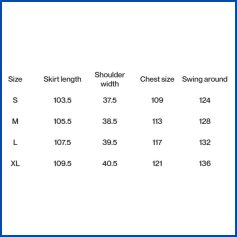 High-quality women's skirt with detailed size chart for perfect fit and comfort. Available in multiple sizes with measurements for skirt length, shoulder width, chest size, and swing around.