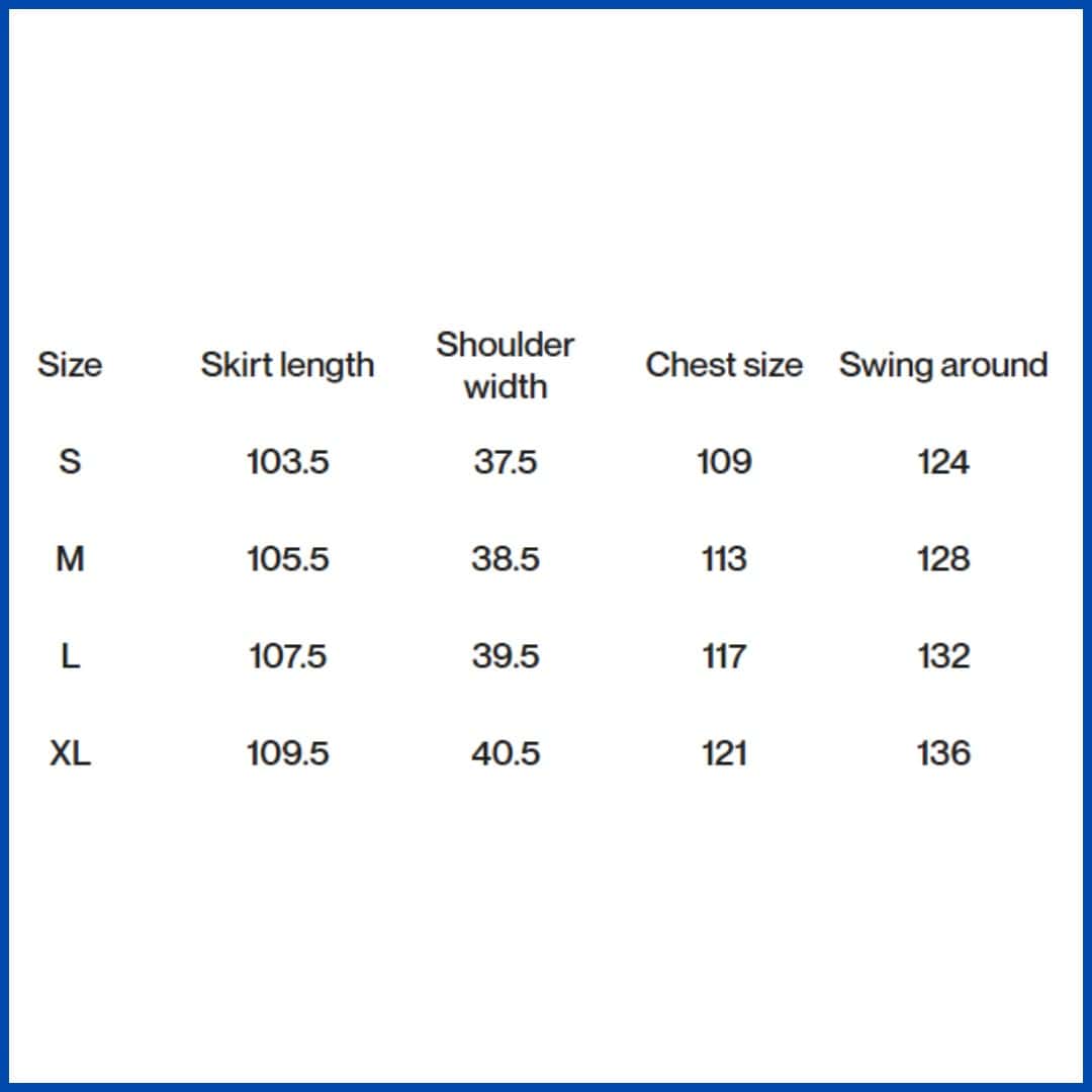High-quality women's skirt with detailed size chart for perfect fit and comfort. Available in multiple sizes with measurements for skirt length, shoulder width, chest size, and swing around.