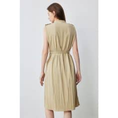 Comfortable beige linen midi dress with a waist tie, ideal for casual and summer fashion. Perfect for stylish outings and everyday wear.