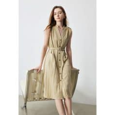 Elegant sleeveless beige midi dress with a front button design, waist belt, and comfortable fabric, perfect for casual and semi-formal occasions.