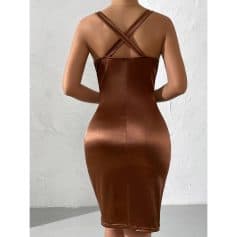 A stylish brown satin dress featuring unique criss-cross shoulder straps, perfect for formal occasions. Made from high-quality satin fabric, it offers a sleek fit and sophisticated look for all events.