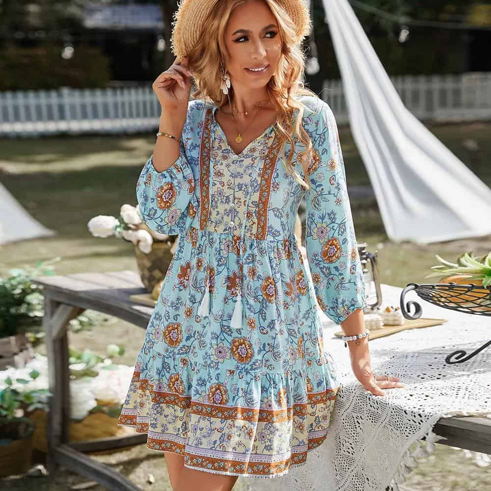 Stylish bohemian floral dress ideal for summer and outdoor events at Monalisa Store. Perfect for women seeking trendy, comfortable, and elegant summer fashion.