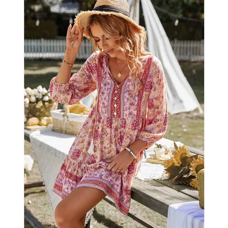 Lightweight boho dress perfect for summer wear, featuring floral patterns and comfortable fit for outdoor activities.