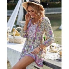 Stylish Bohemian dress ideal for summer outings, featuring vibrant floral patterns, lightweight fabric, and comfortable fit, perfect for outdoor activities and casual gatherings.