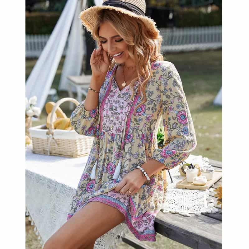 Stylish Bohemian dress ideal for summer outings, featuring vibrant floral patterns, lightweight fabric, and comfortable fit, perfect for outdoor activities and casual gatherings.
