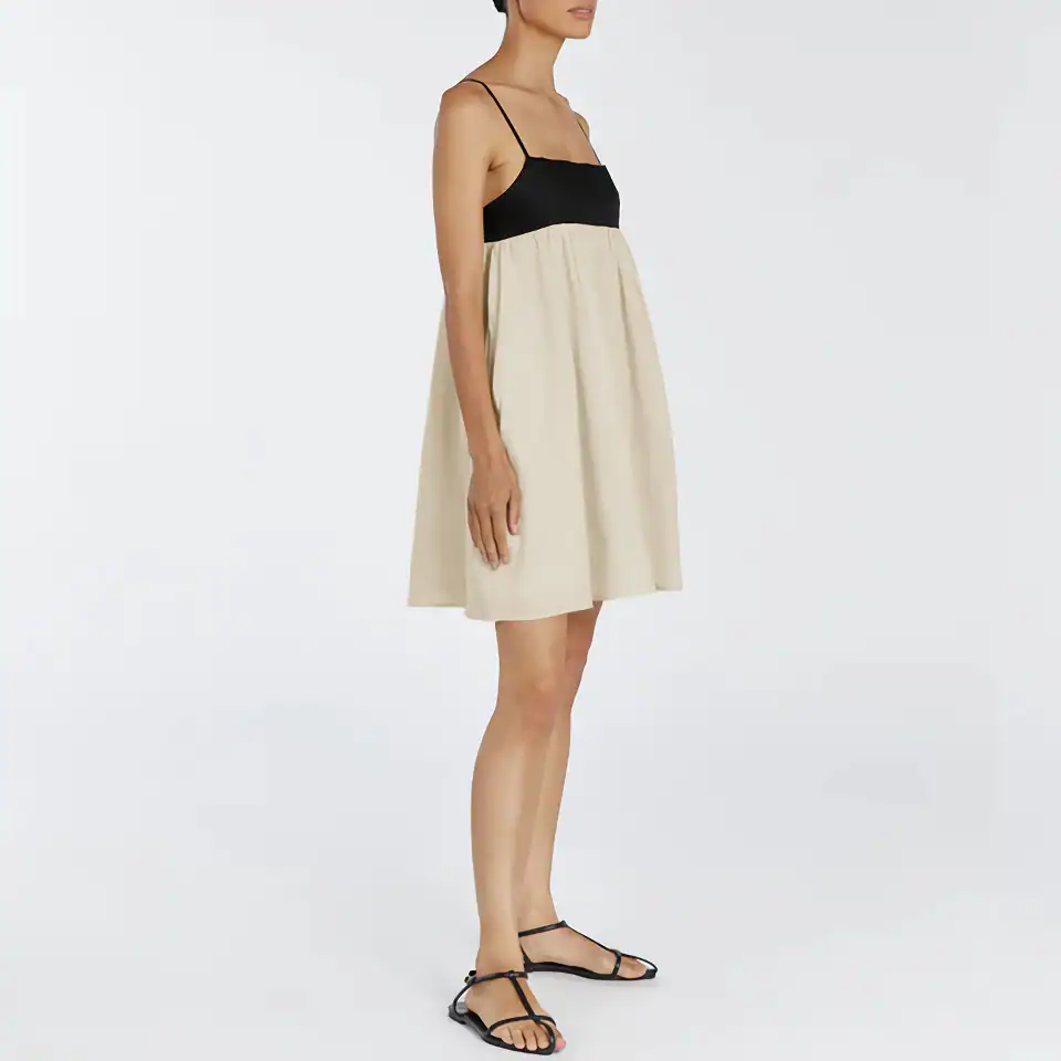 Elegant black and beige sleeveless summer dress with spaghetti straps, perfect for casual outings and summer events, available at Monalisa Store.