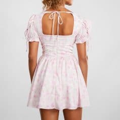 Light pink floral summer dress with puff sleeves, back tie detail, and flattering fit, perfect for warm weather and casual outings.