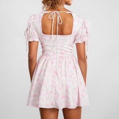 Light pink floral summer dress with puff sleeves, back tie detail, and flattering fit, perfect for warm weather and casual outings.
