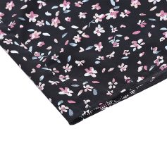 Bright, detailed fabric with pink, white, and blue flowers on a black background, ideal for making fashionable clothing items, accessories, or home decor.