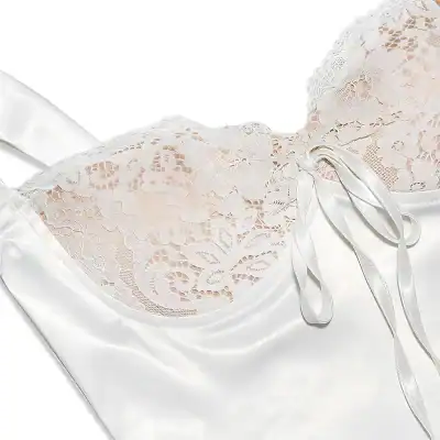High-quality white lace lingerie with delicate floral embroidery and satin ribbon accents, perfect for elegant and comfortable women's underwear.