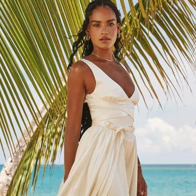 Beautiful woman wearing a stylish tropical summer dress under palm trees at the seaside, perfect for beachwear and vacation fashion.