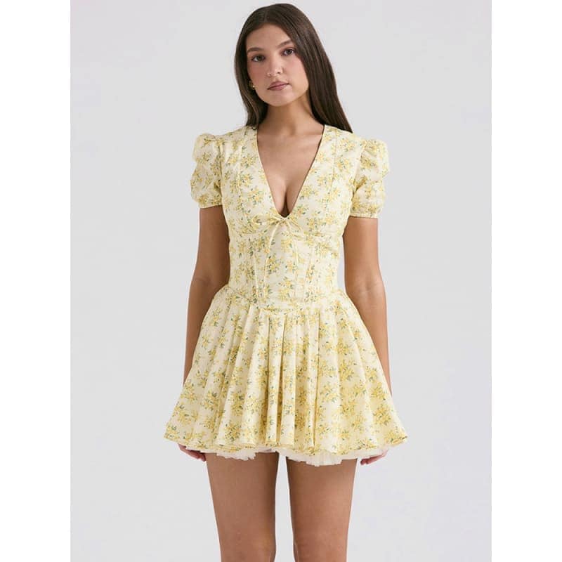 Elegant yellow floral dress with puff sleeves, deep V neckline, and pleated skirt, perfect for casual or summer outings, available at Monalisa Store.