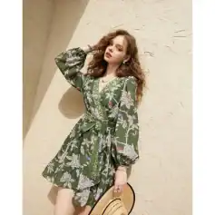 Stylish floral print dress with a cinched waist and flowy sleeves, perfect for summer and casual outings. Explore fashionable options at Monalisa Store for trendy women's apparel.