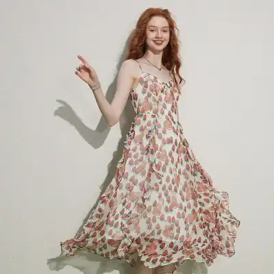 Bright, floral summer dress with ruffle detailing, perfect for casual and semi-formal occasions, available at Monalisa Store for stylish and comfortable summer fashion.